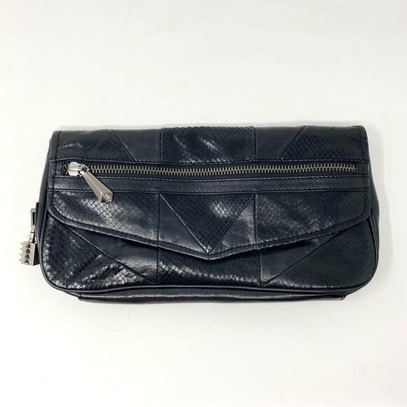 Sam Edelman Black Snakeskin Patchwork 100% Leather Edgy Trendy Envelope Clutch - Picture 1 of 8